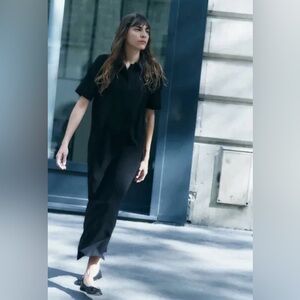 Zara Womens Polo Shirt Midi Maxi Dress Black Short Sleeve Side Slit Size Large